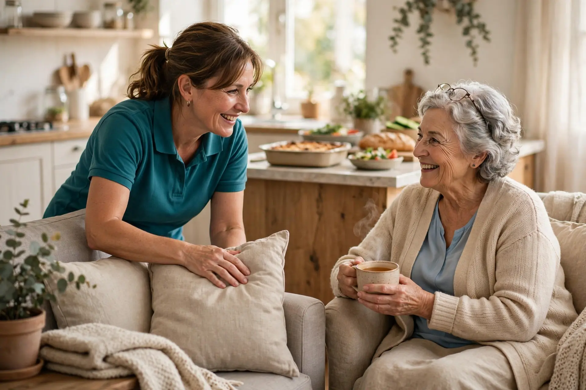 A caregiver in a teal polo shirt tidying a living room while an elderly woman enjoys a cup of tea, with a home-cooked meal on the kitchen counter behind them