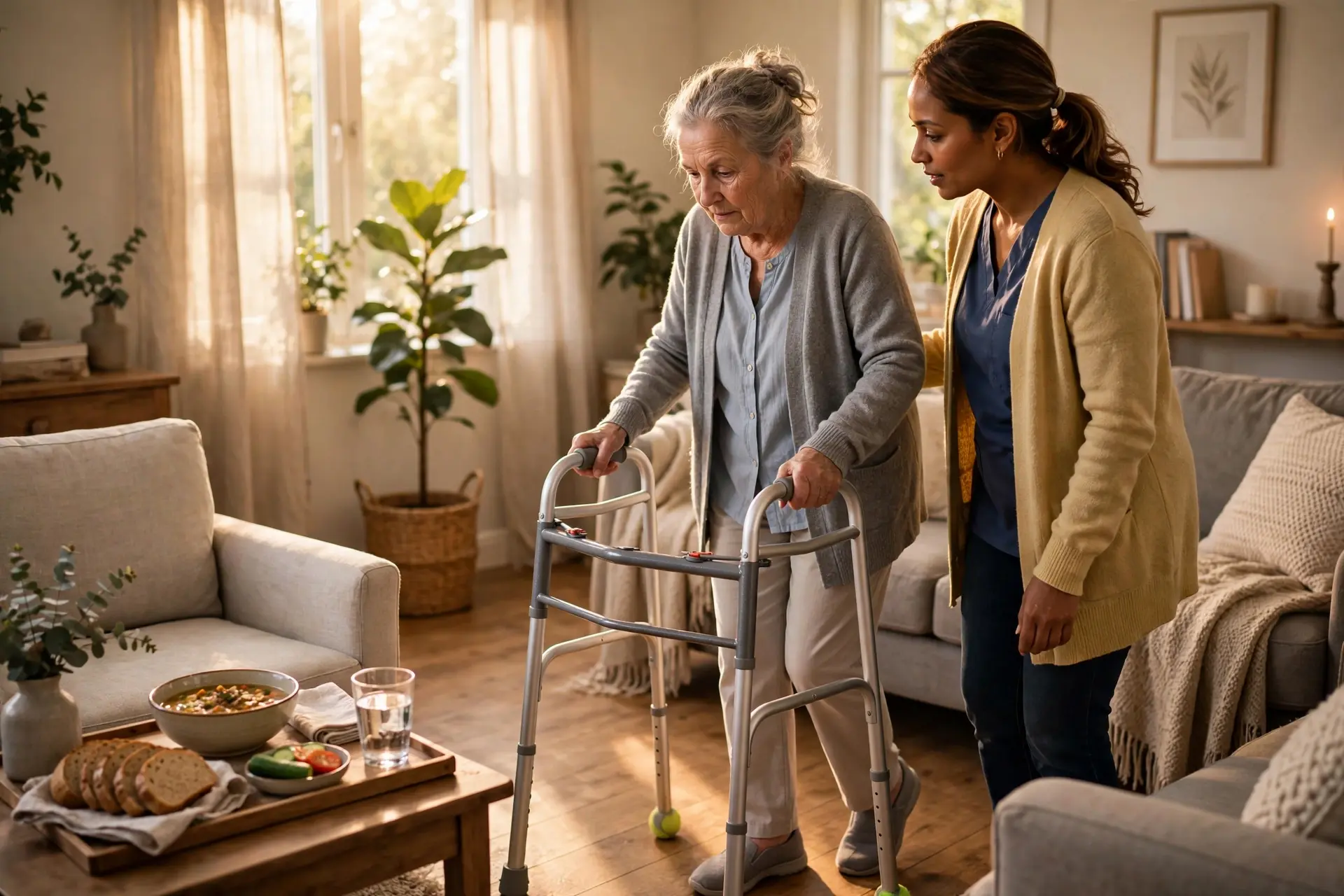 A caregiver standing by as a recovering elderly woman walks with a walker across a living room, with a meal tray nearby