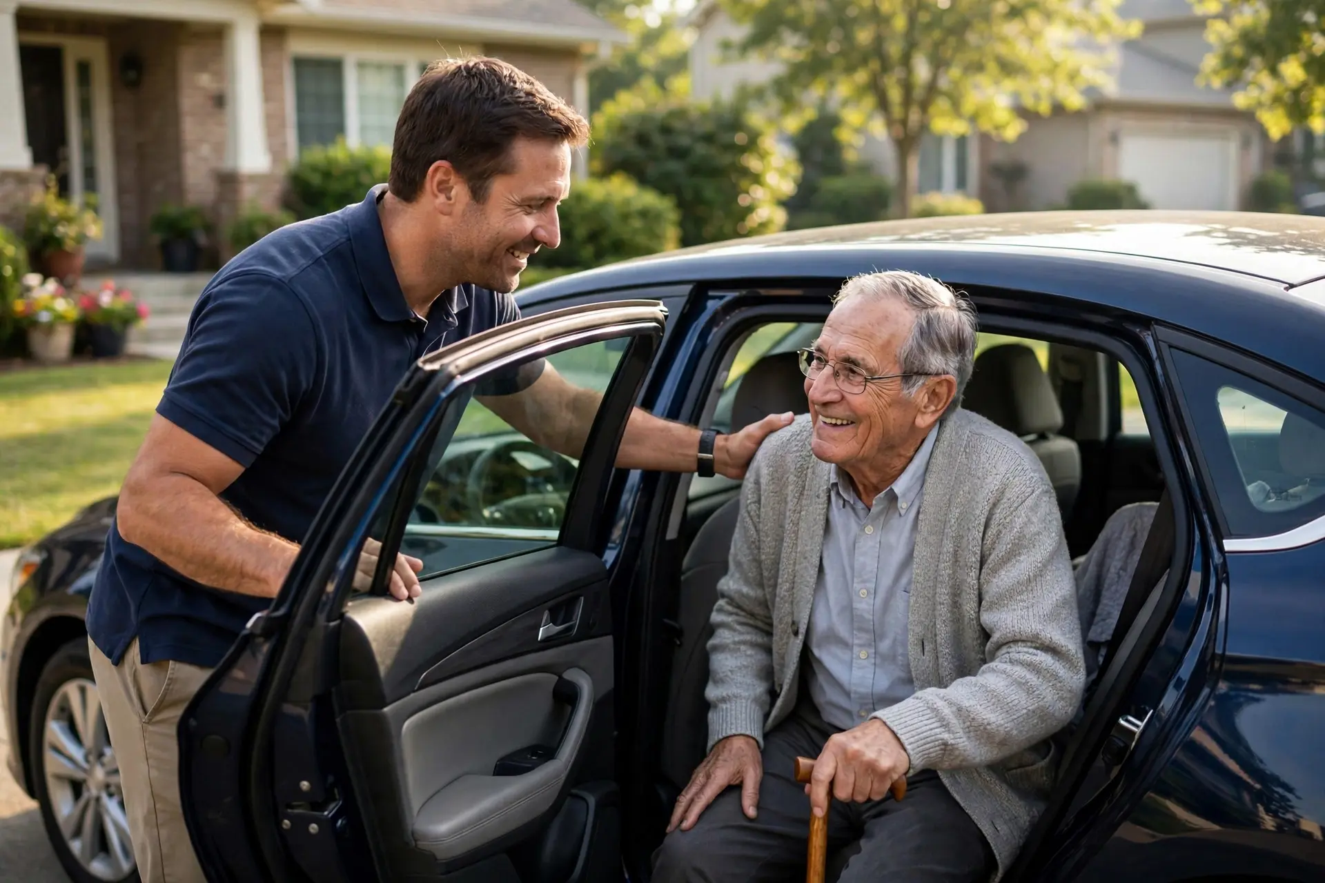 A caregiver helping an elderly man with a cane get into the back seat of a car